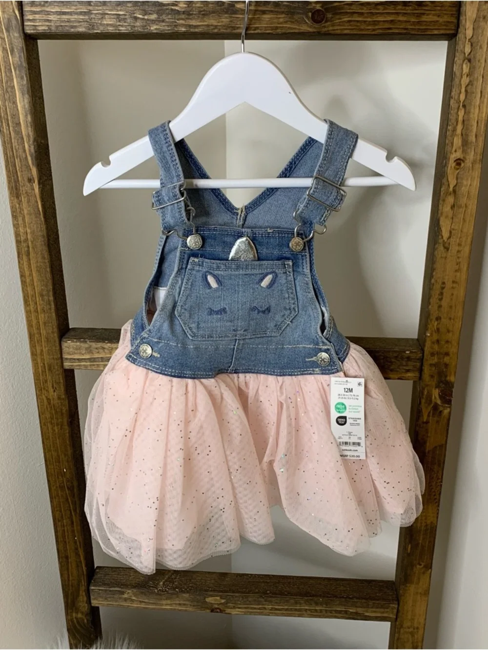 OshKosh ‘B’gosh Denim Bib Tutu Dress with Pink Tulle Size 12M